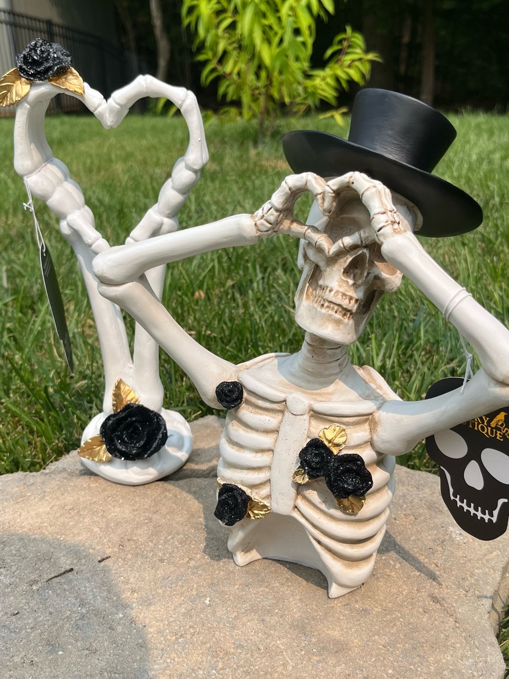 Matching set. Elegant White Skeleton Figurine with Hat & Heart shaped hands
